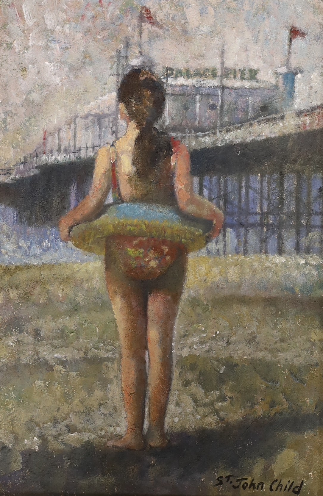 St John Child, oil on board, Girl on the beach with Brighton Palace Pier beyond, 32 x 21cm